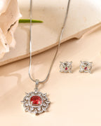 VOJ Silver Plated Ruby Red Circular Stone Studded Sun Shaped Ad Pendant With Chain Set | Grocsy
