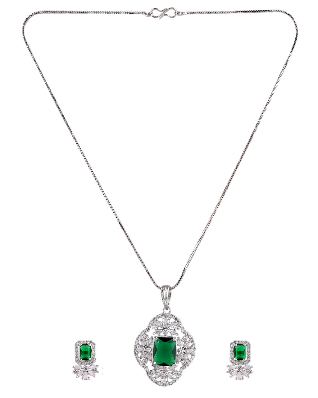 VOJ Silver Plated Green Rectangular Shaped Ad Chain Set | Grocsy