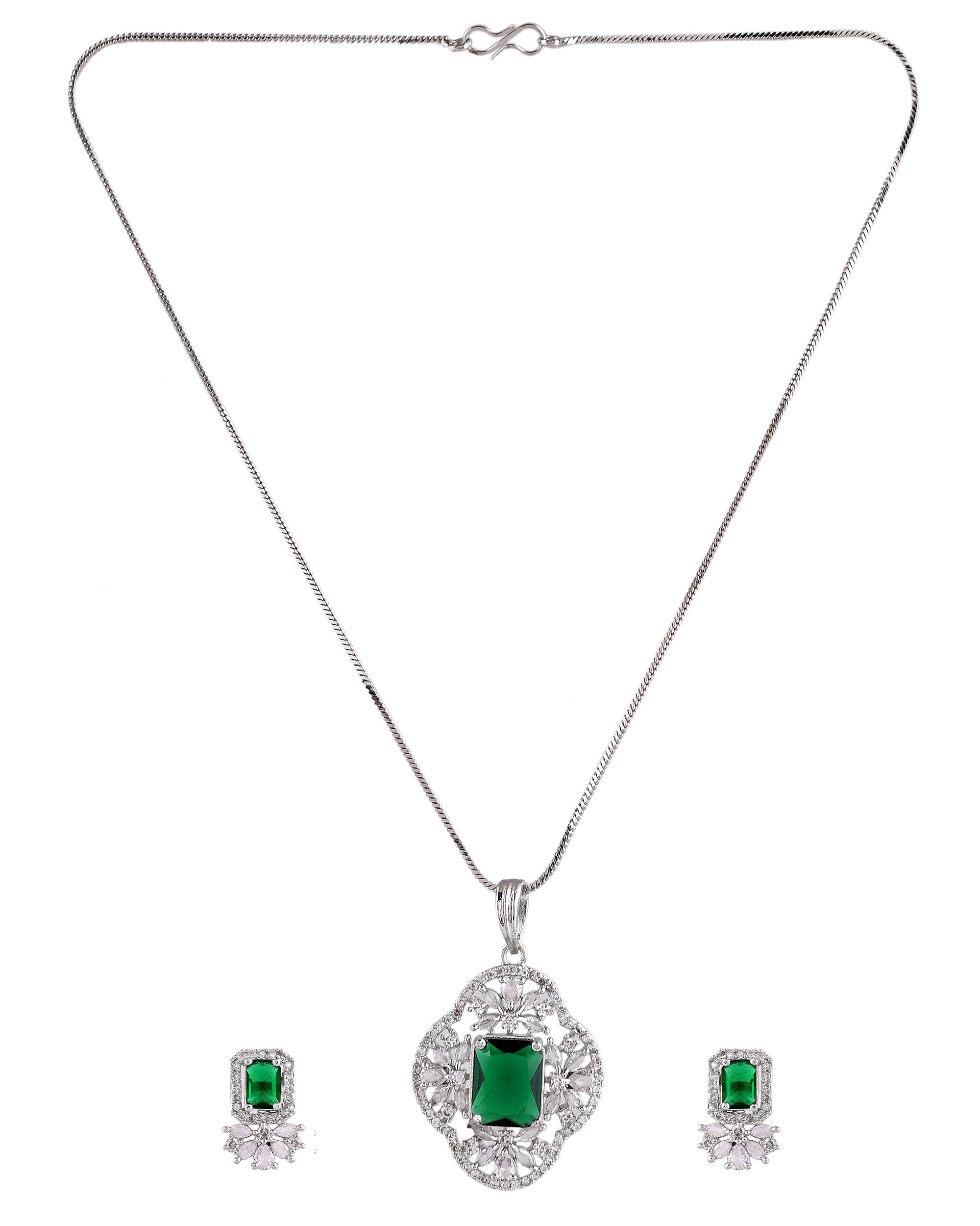 VOJ Silver Plated Green Rectangular Shaped Ad Chain Set | Grocsy