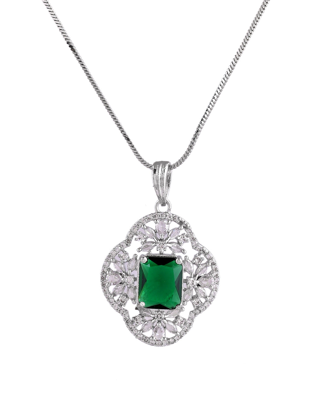 VOJ Silver Plated Green Rectangular Shaped Ad Chain Set | Grocsy