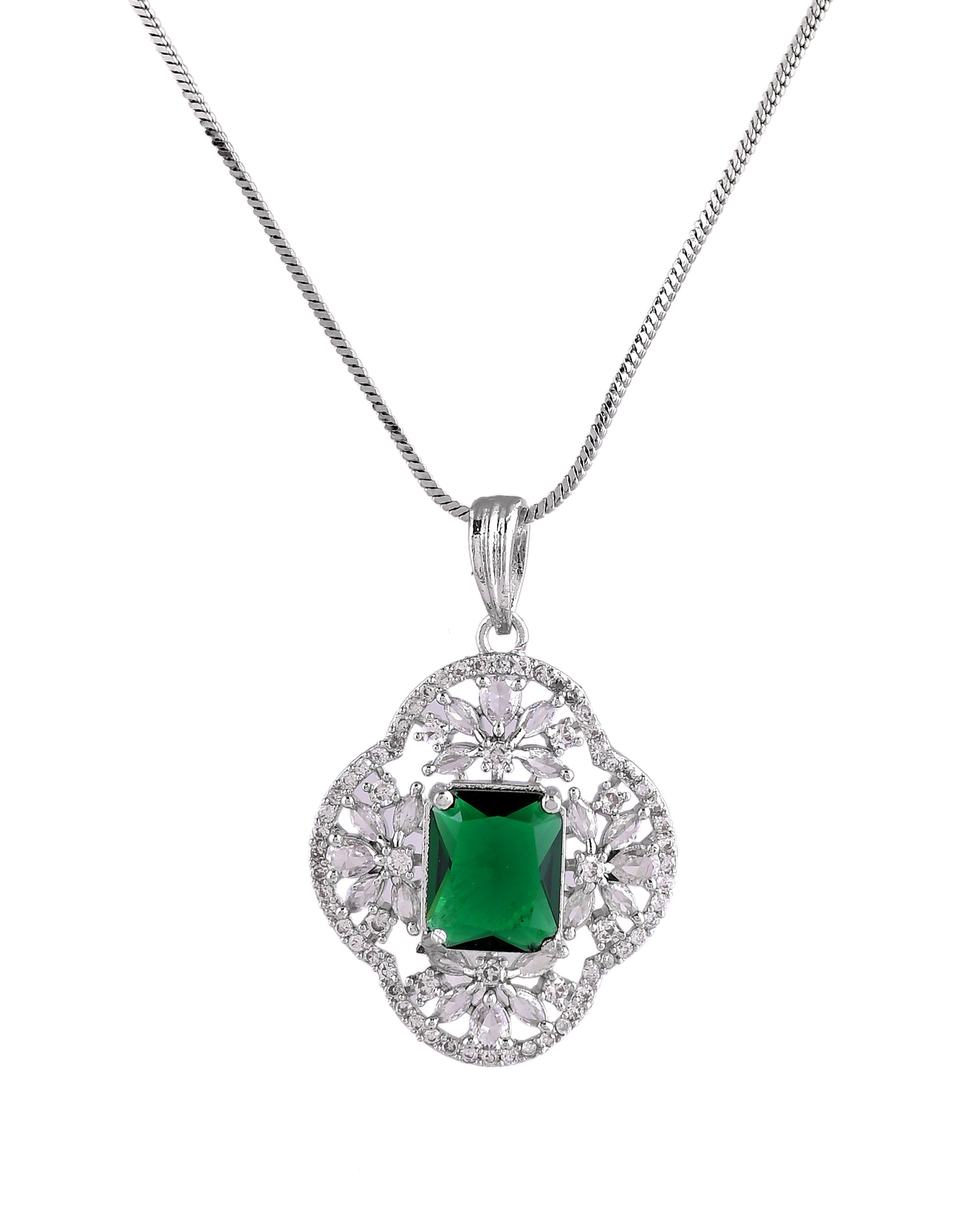 VOJ Silver Plated Green Rectangular Shaped Ad Chain Set | Grocsy