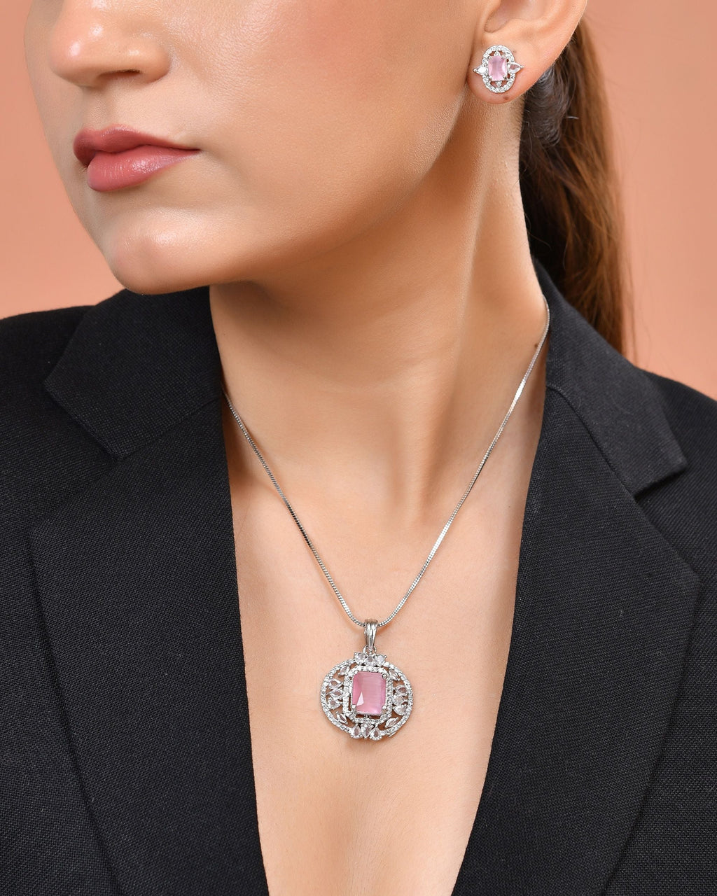 VOJ Silver Plated Baby Pink Rectangular Shaped Ad Chain Set | Grocsy