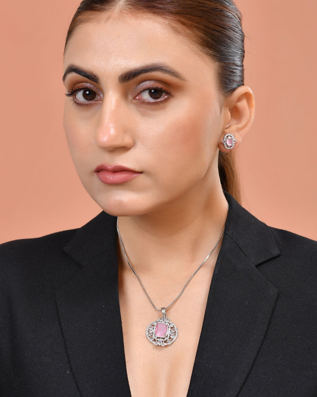 VOJ Silver Plated Baby Pink Rectangular Shaped Ad Chain Set | Grocsy