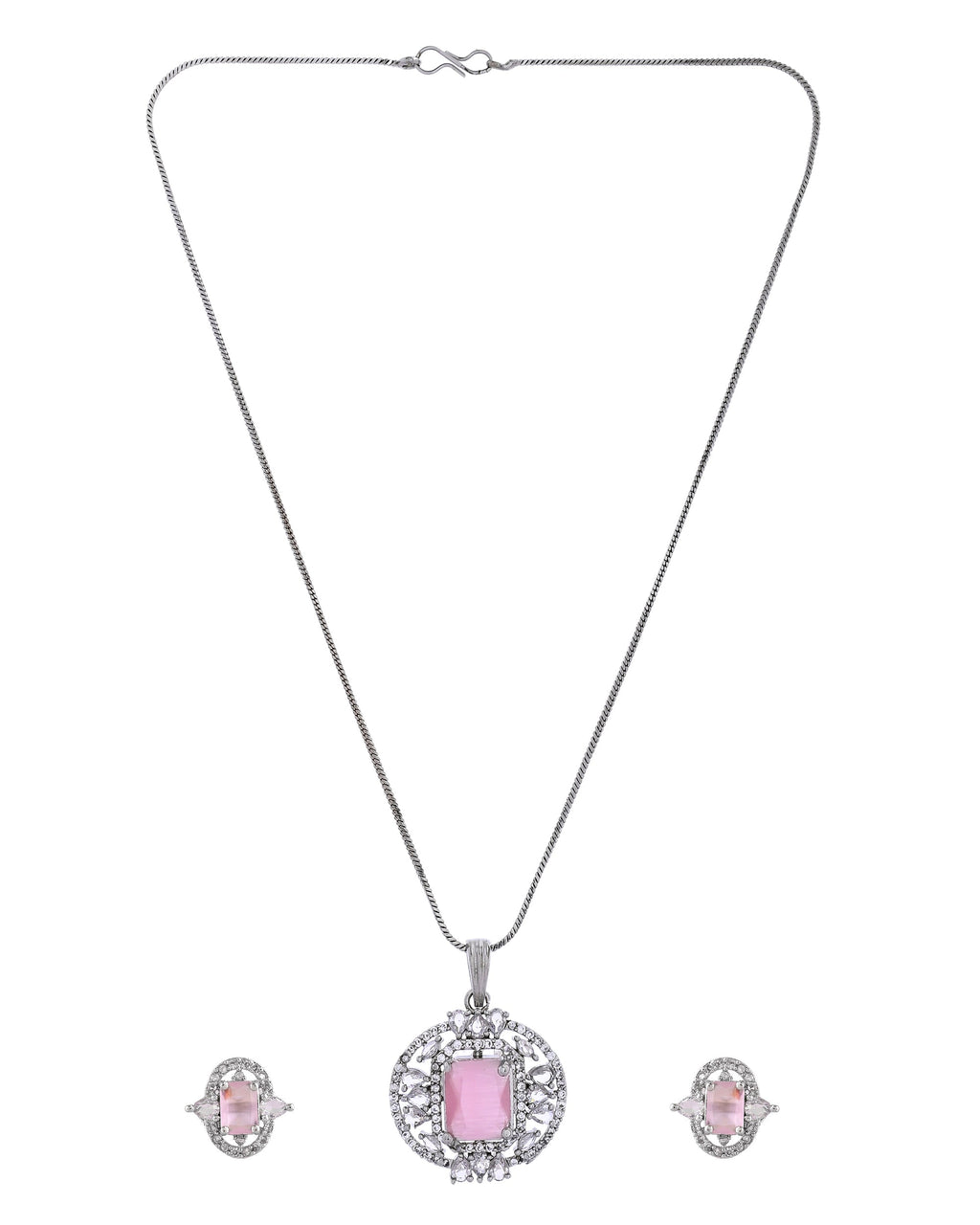 VOJ Silver Plated Baby Pink Rectangular Shaped Ad Chain Set | Grocsy