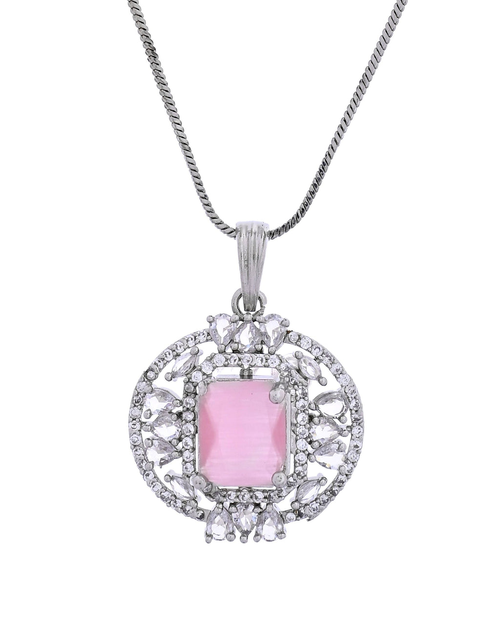 VOJ Silver Plated Baby Pink Rectangular Shaped Ad Chain Set | Grocsy