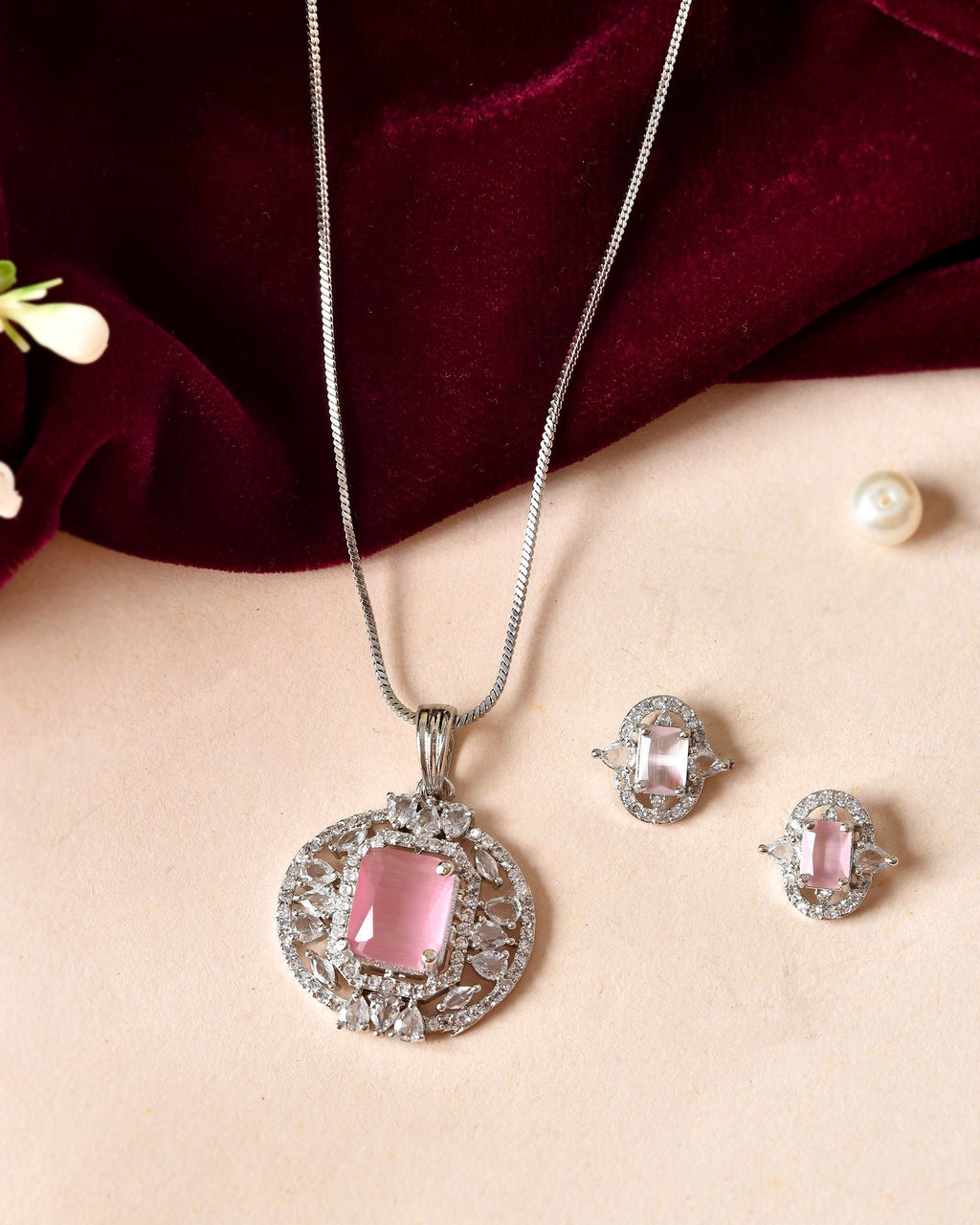 VOJ Silver Plated Baby Pink Rectangular Shaped Ad Chain Set | Grocsy