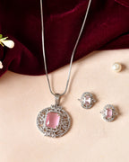 VOJ Silver Plated Baby Pink Rectangular Shaped Ad Chain Set | Grocsy