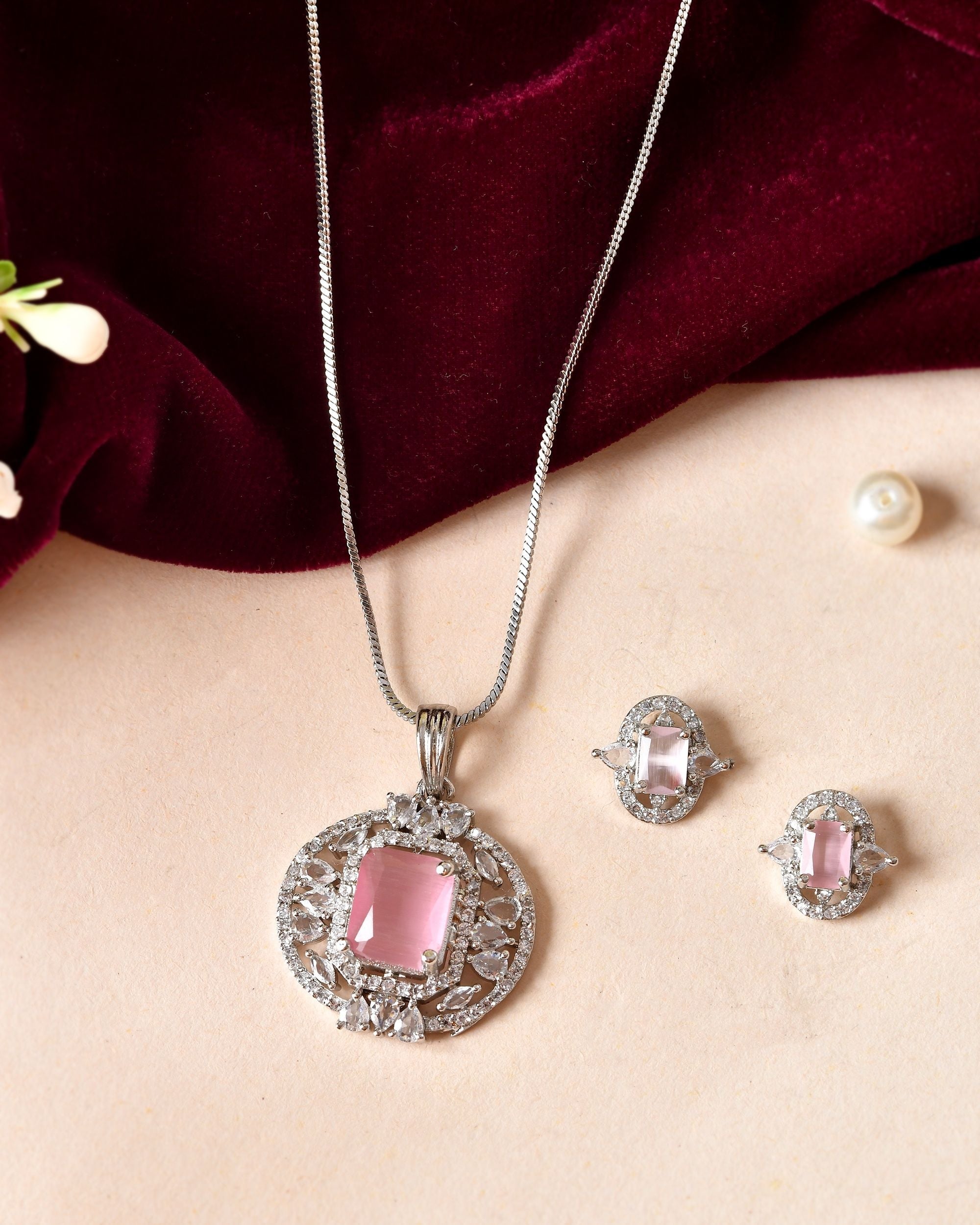 VOJ Silver Plated Baby Pink Rectangular Shaped Ad Chain Set | Grocsy