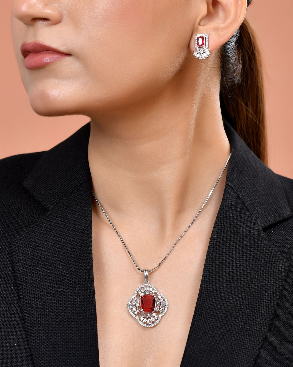VOJ Silver Plated Ruby Red Rectangular Stone Studded Ad Chain Set | Grocsy