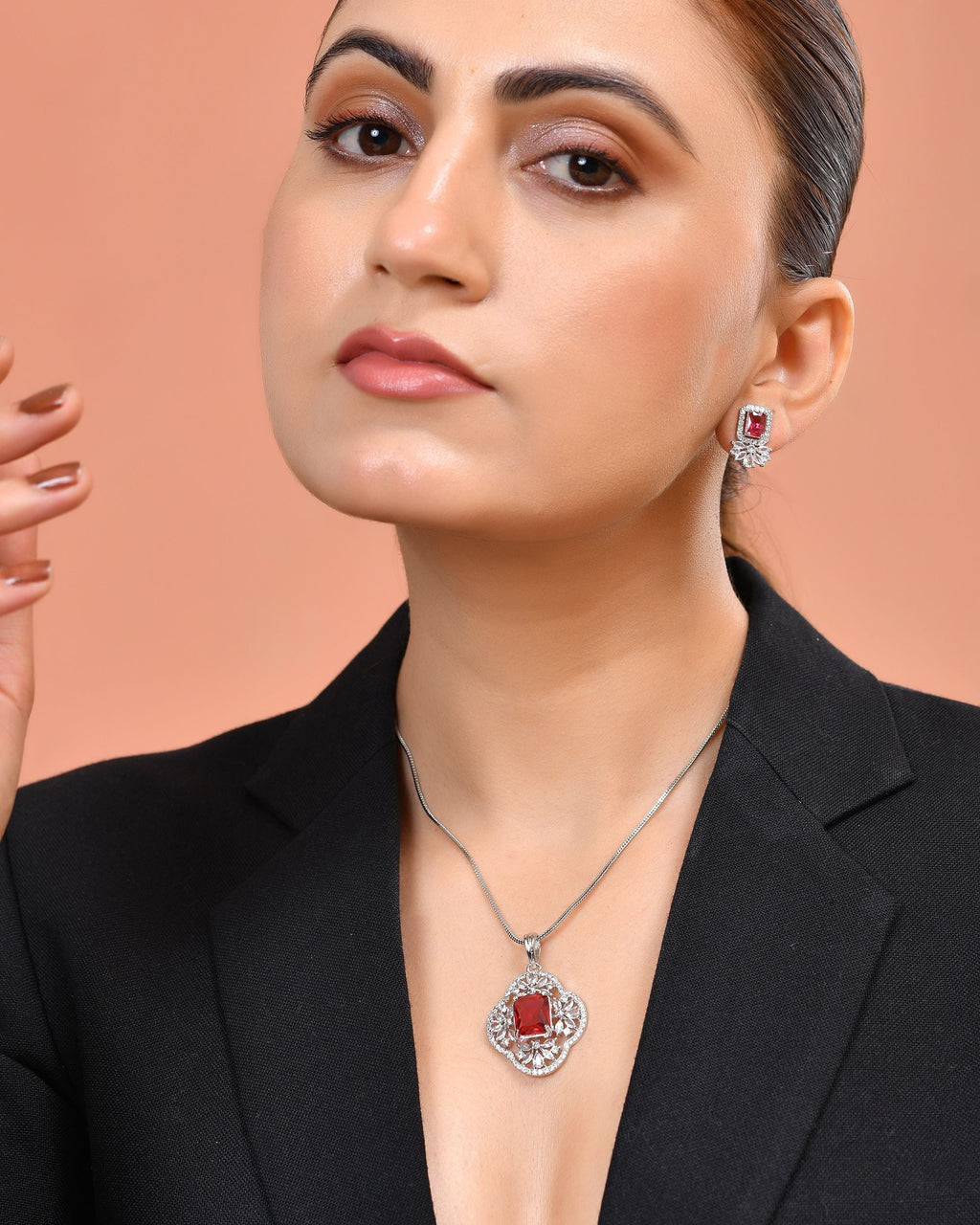 VOJ Silver Plated Ruby Red Rectangular Stone Studded Ad Chain Set | Grocsy