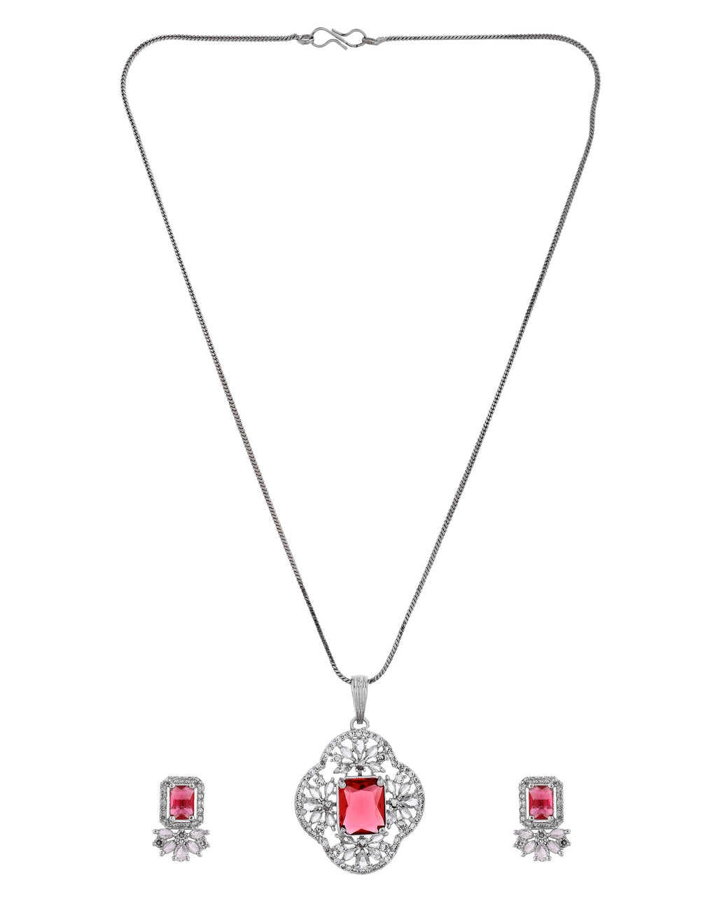 VOJ Silver Plated Ruby Red Rectangular Stone Studded Ad Chain Set | Grocsy