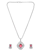 VOJ Silver Plated Ruby Red Rectangular Stone Studded Ad Chain Set | Grocsy