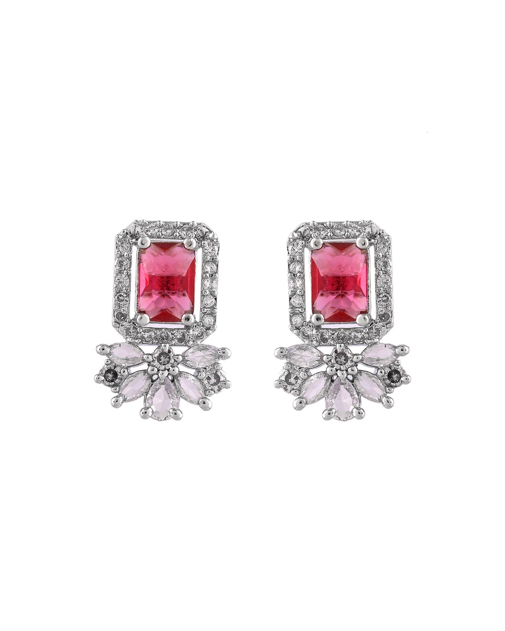 VOJ Silver Plated Ruby Red Rectangular Stone Studded Ad Chain Set | Grocsy