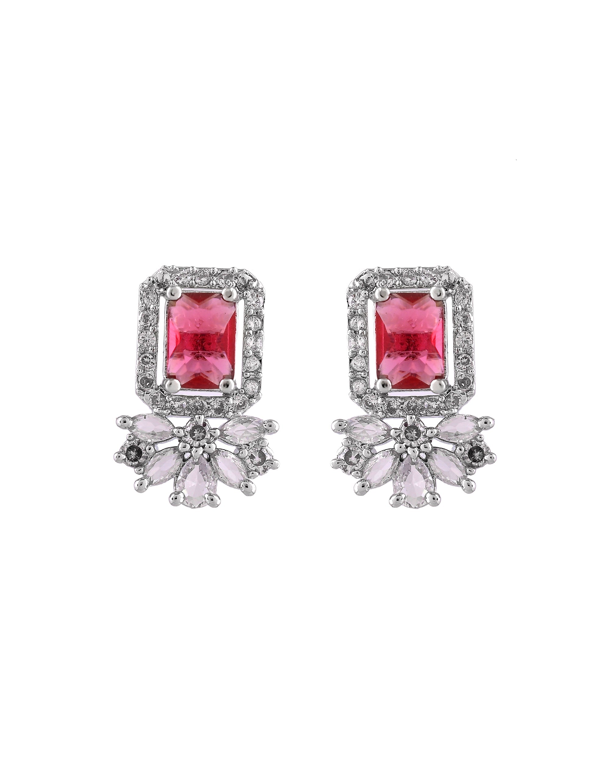 VOJ Silver Plated Ruby Red Rectangular Stone Studded Ad Chain Set | Grocsy