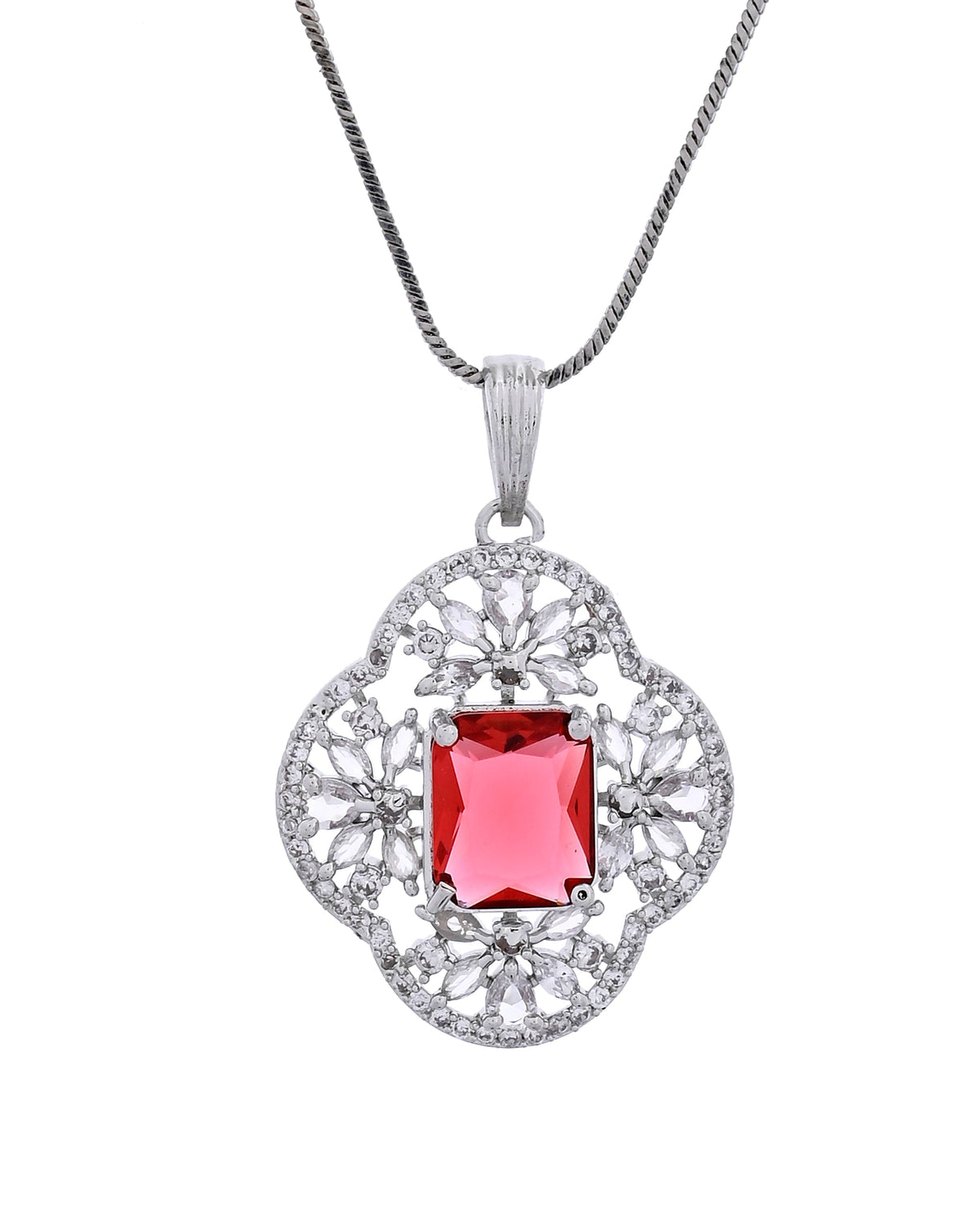 VOJ Silver Plated Ruby Red Rectangular Stone Studded Ad Chain Set | Grocsy