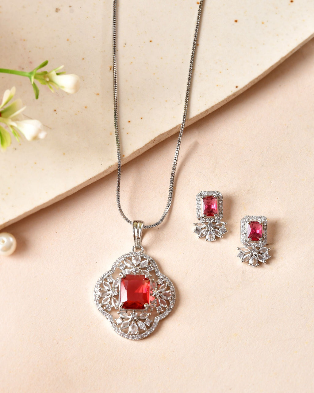 VOJ Silver Plated Ruby Red Rectangular Stone Studded Ad Chain Set | Grocsy