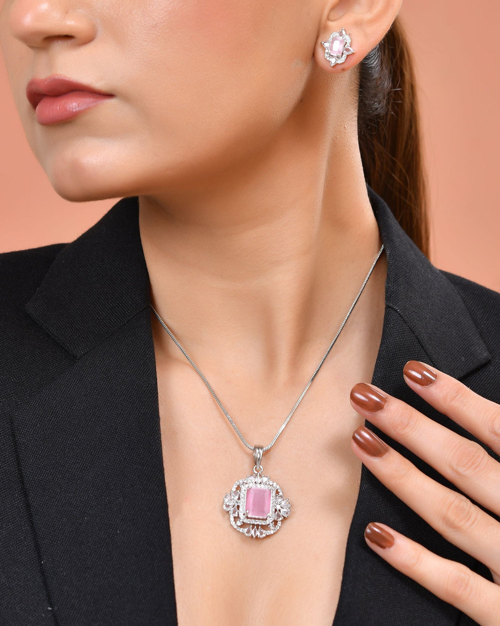 VOJ Silver Plated Baby Pink Rectangular Shaped Stone Studded Ad Chain Set | Grocsy