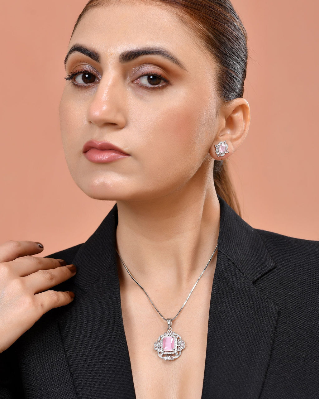 VOJ Silver Plated Baby Pink Rectangular Shaped Stone Studded Ad Chain Set | Grocsy