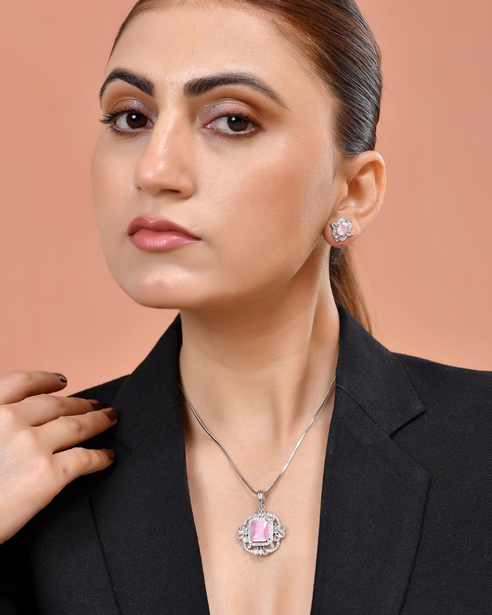 VOJ Silver Plated Baby Pink Rectangular Shaped Stone Studded Ad Chain Set | Grocsy