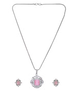 VOJ Silver Plated Baby Pink Rectangular Shaped Stone Studded Ad Chain Set | Grocsy