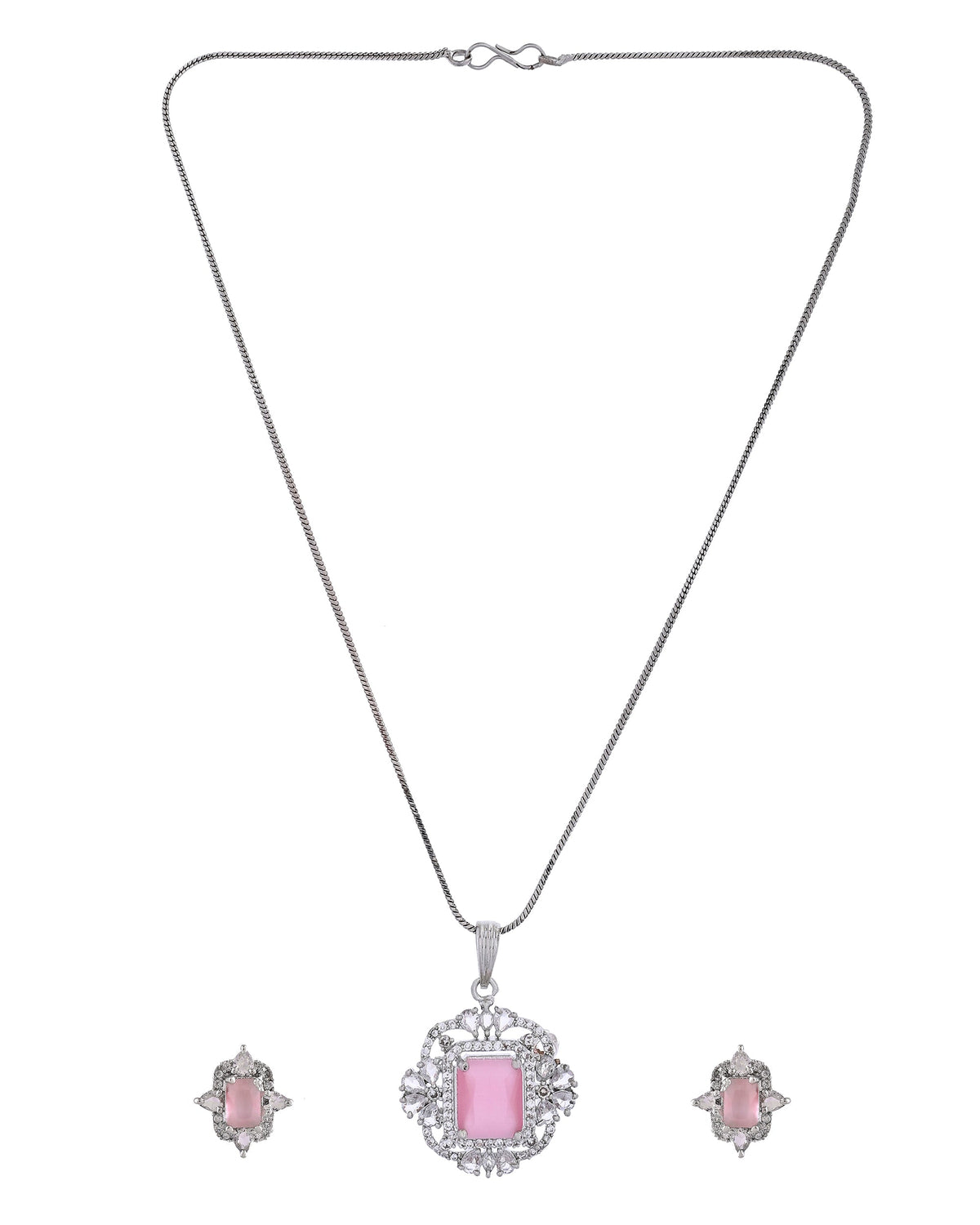 VOJ Silver Plated Baby Pink Rectangular Shaped Stone Studded Ad Chain Set | Grocsy