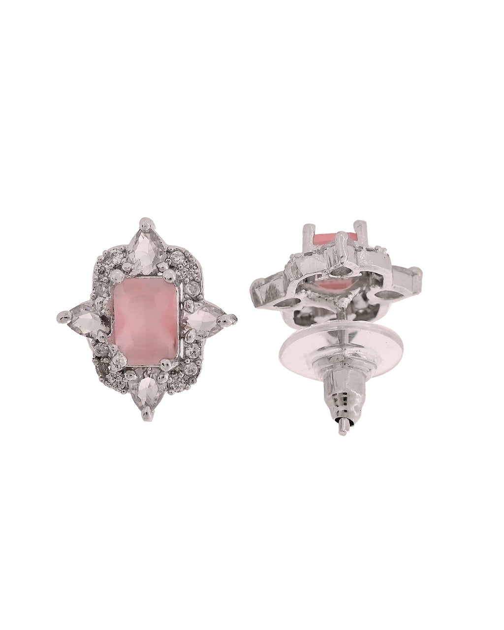 VOJ Silver Plated Baby Pink Rectangular Shaped Stone Studded Ad Chain Set | Grocsy