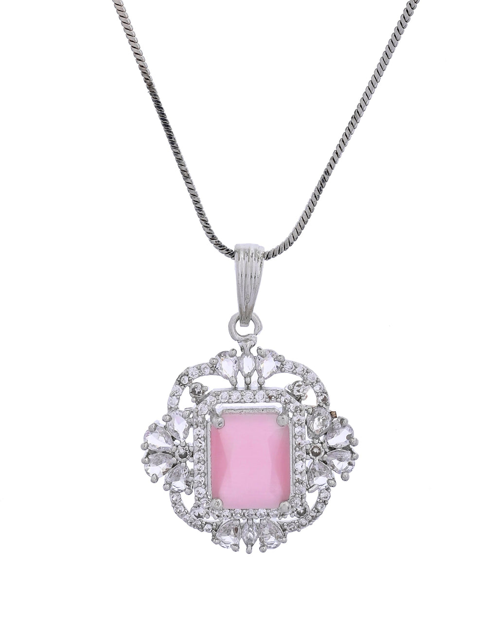 VOJ Silver Plated Baby Pink Rectangular Shaped Stone Studded Ad Chain Set | Grocsy