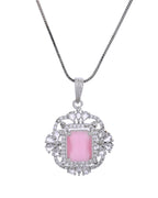 VOJ Silver Plated Baby Pink Rectangular Shaped Stone Studded Ad Chain Set | Grocsy