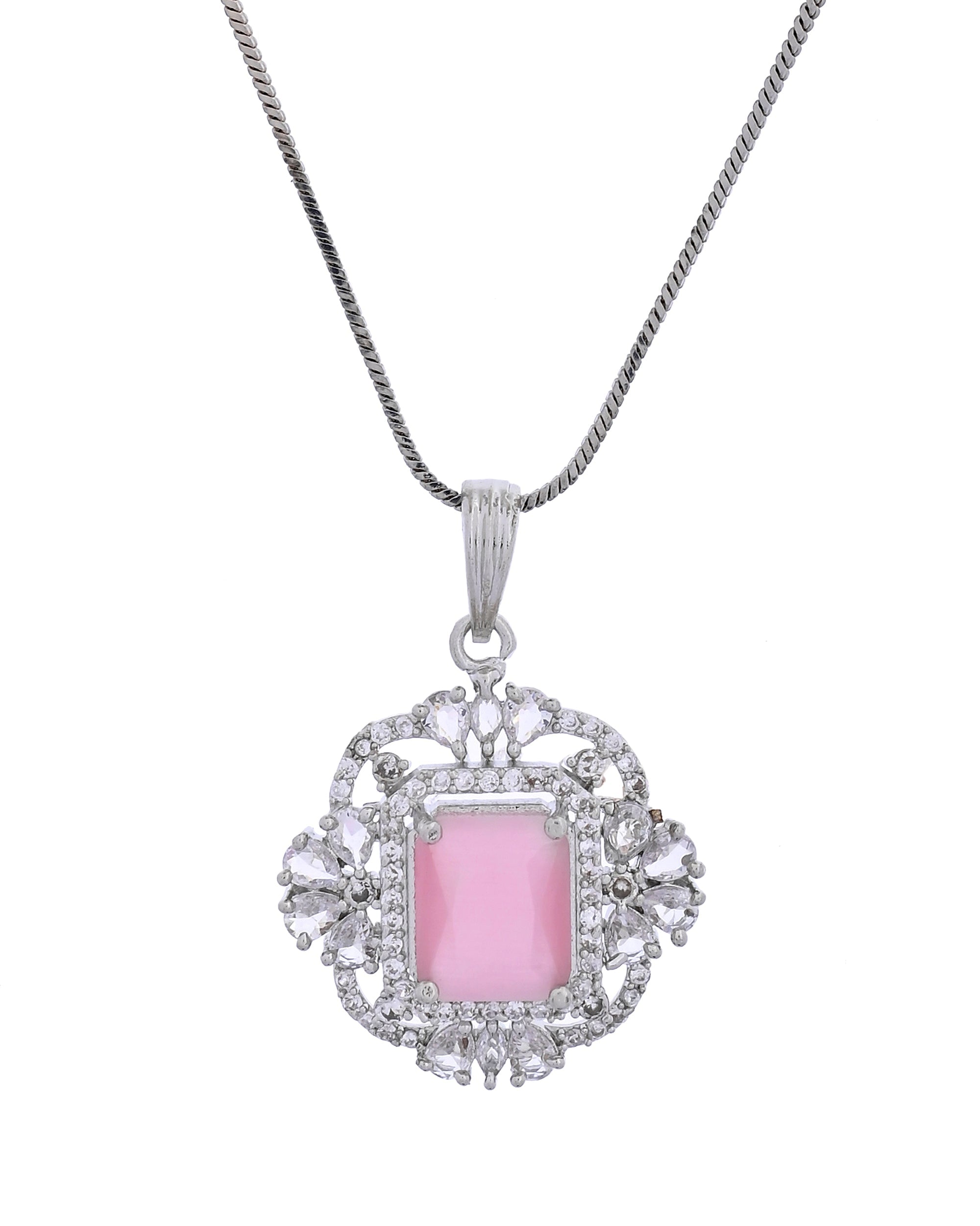 VOJ Silver Plated Baby Pink Rectangular Shaped Stone Studded Ad Chain Set | Grocsy