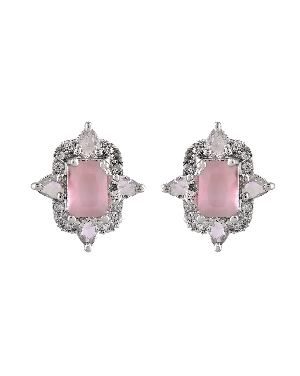VOJ Silver Plated Baby Pink Rectangular Shaped Stone Studded Ad Chain Set | Grocsy