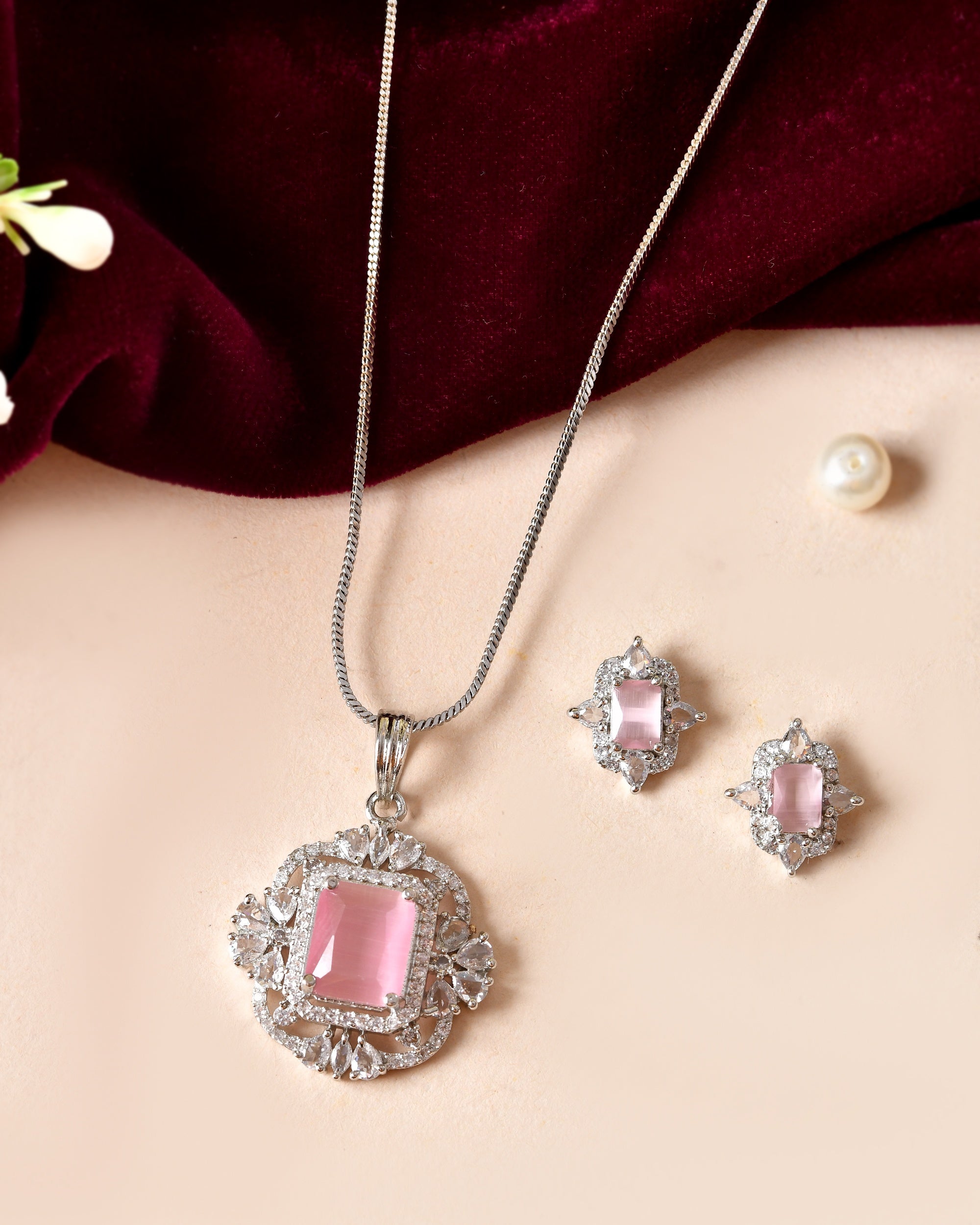 VOJ Silver Plated Baby Pink Rectangular Shaped Stone Studded Ad Chain Set | Grocsy