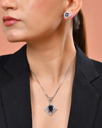 VOJ Silver Plated Blue Rectangular Shaped Stone With Square Shaped Ad Pendant With Chain Set | Grocsy