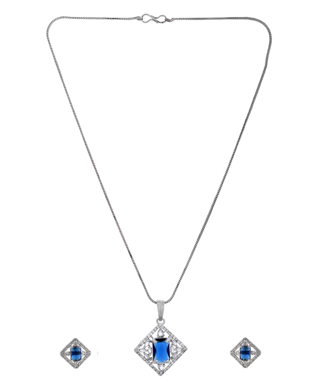 VOJ Silver Plated Blue Rectangular Shaped Stone With Square Shaped Ad Pendant With Chain Set | Grocsy