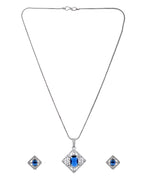 VOJ Silver Plated Blue Rectangular Shaped Stone With Square Shaped Ad Pendant With Chain Set | Grocsy
