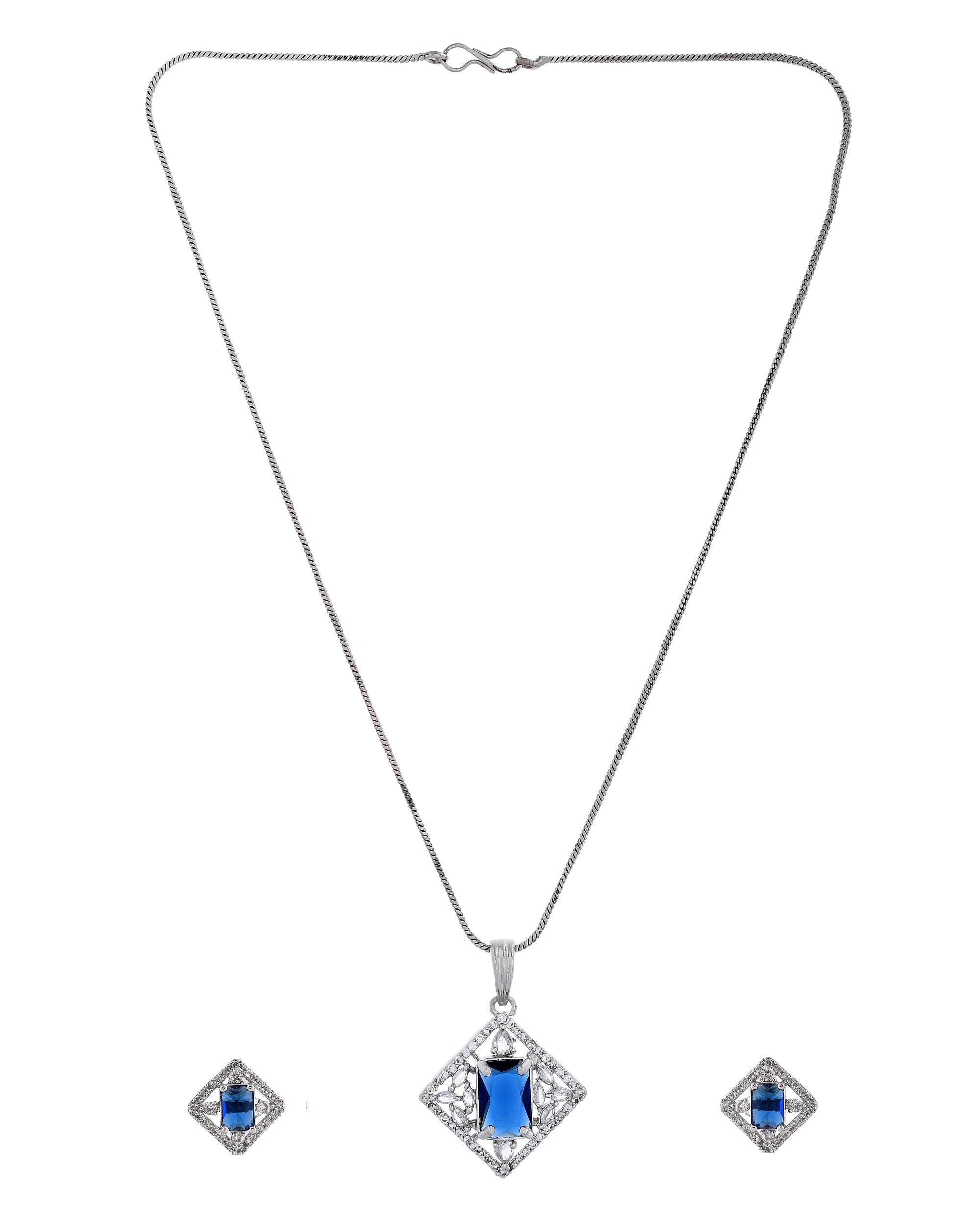 VOJ Silver Plated Blue Rectangular Shaped Stone With Square Shaped Ad Pendant With Chain Set | Grocsy