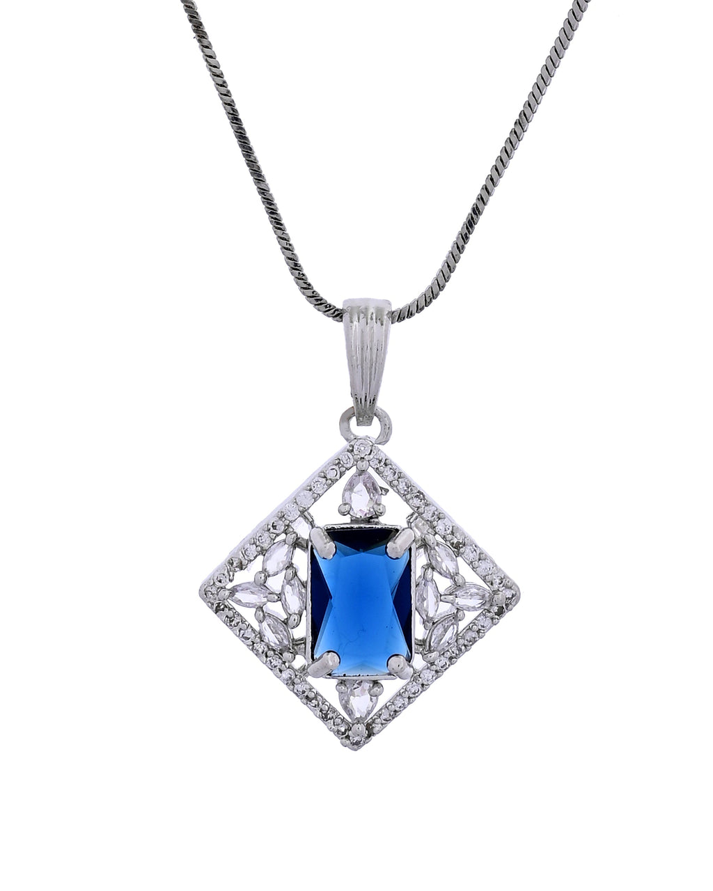 VOJ Silver Plated Blue Rectangular Shaped Stone With Square Shaped Ad Pendant With Chain Set | Grocsy