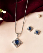 VOJ Silver Plated Blue Rectangular Shaped Stone With Square Shaped Ad Pendant With Chain Set | Grocsy