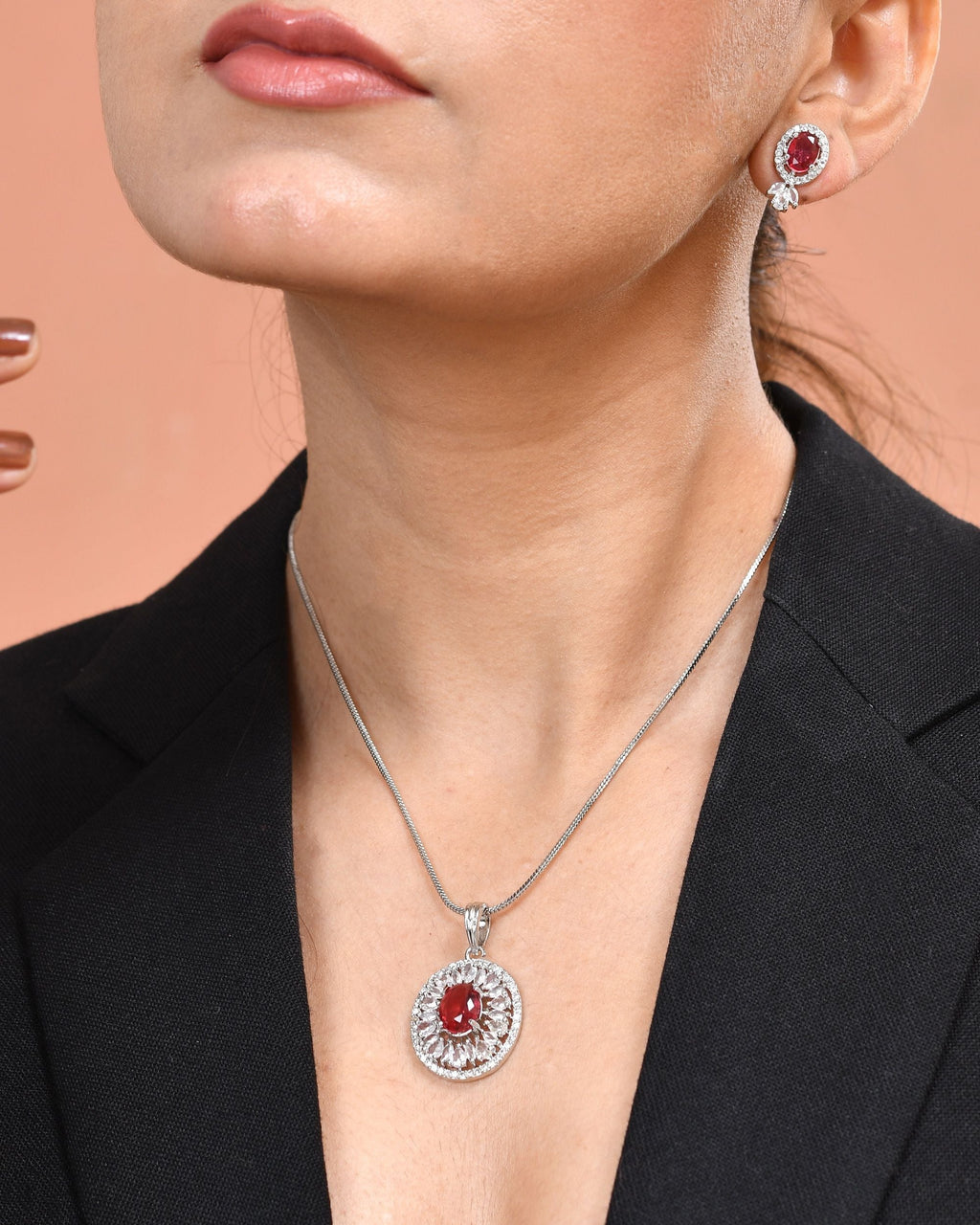 VOJ Silver Plated Oval Shaped Ruby Red Ad Chain Set | Grocsy