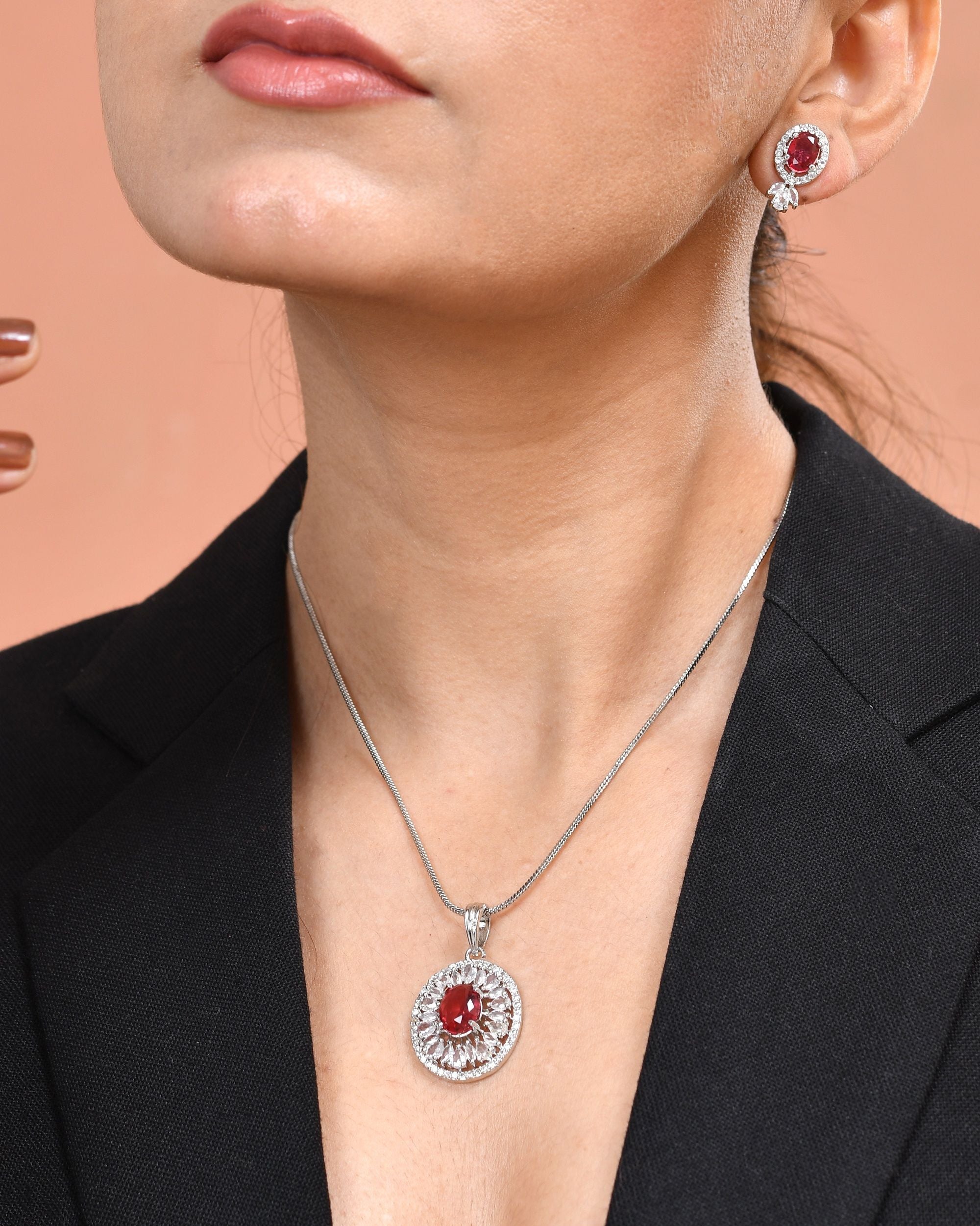 VOJ Silver Plated Oval Shaped Ruby Red Ad Chain Set | Grocsy