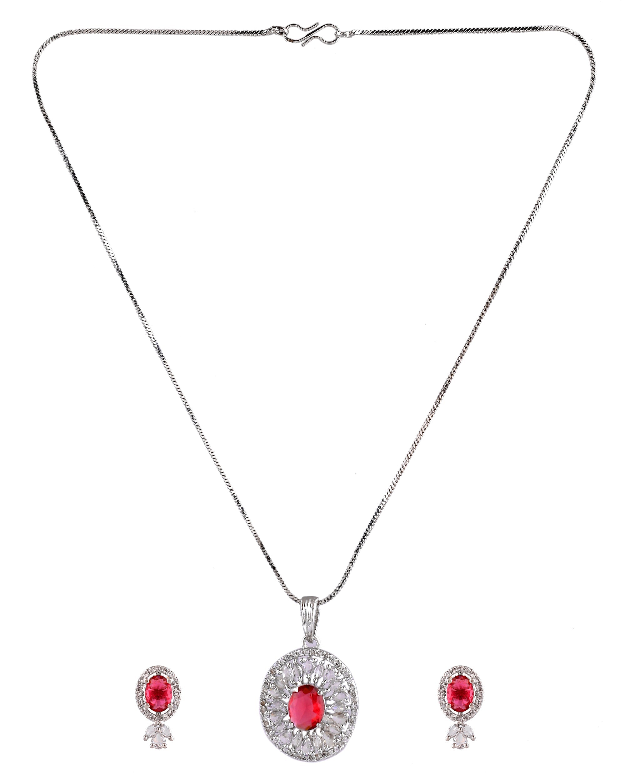 VOJ Silver Plated Oval Shaped Ruby Red Ad Chain Set | Grocsy