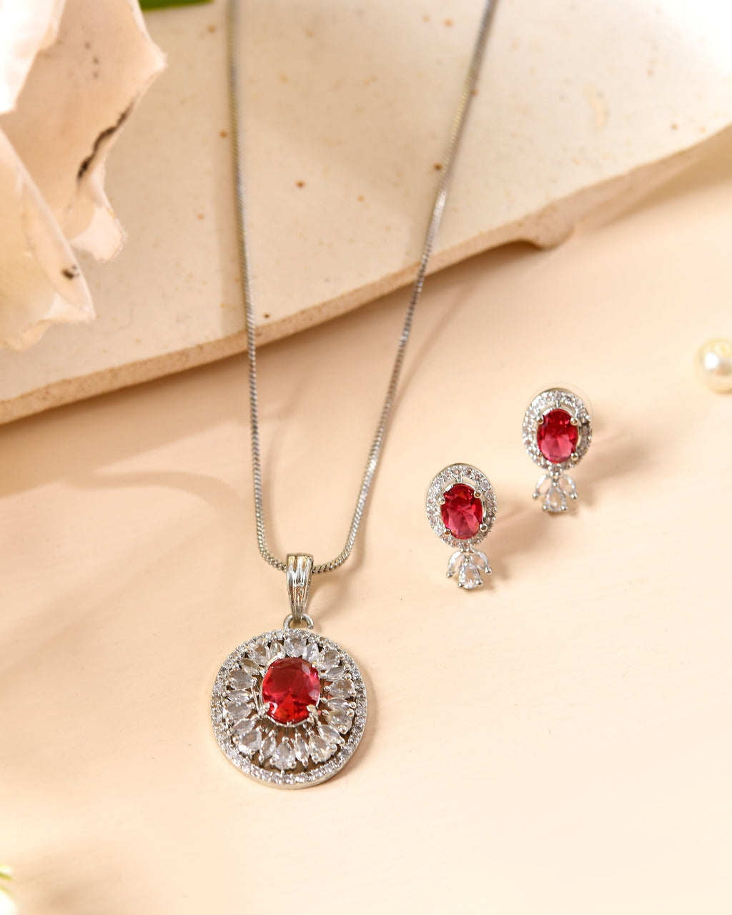 VOJ Silver Plated Oval Shaped Ruby Red Ad Chain Set | Grocsy