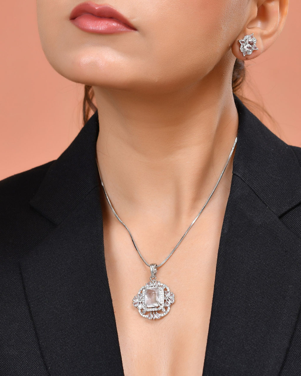 VOJ Silver Plated Rectangular Ad Stone Studded Chain Set | Grocsy