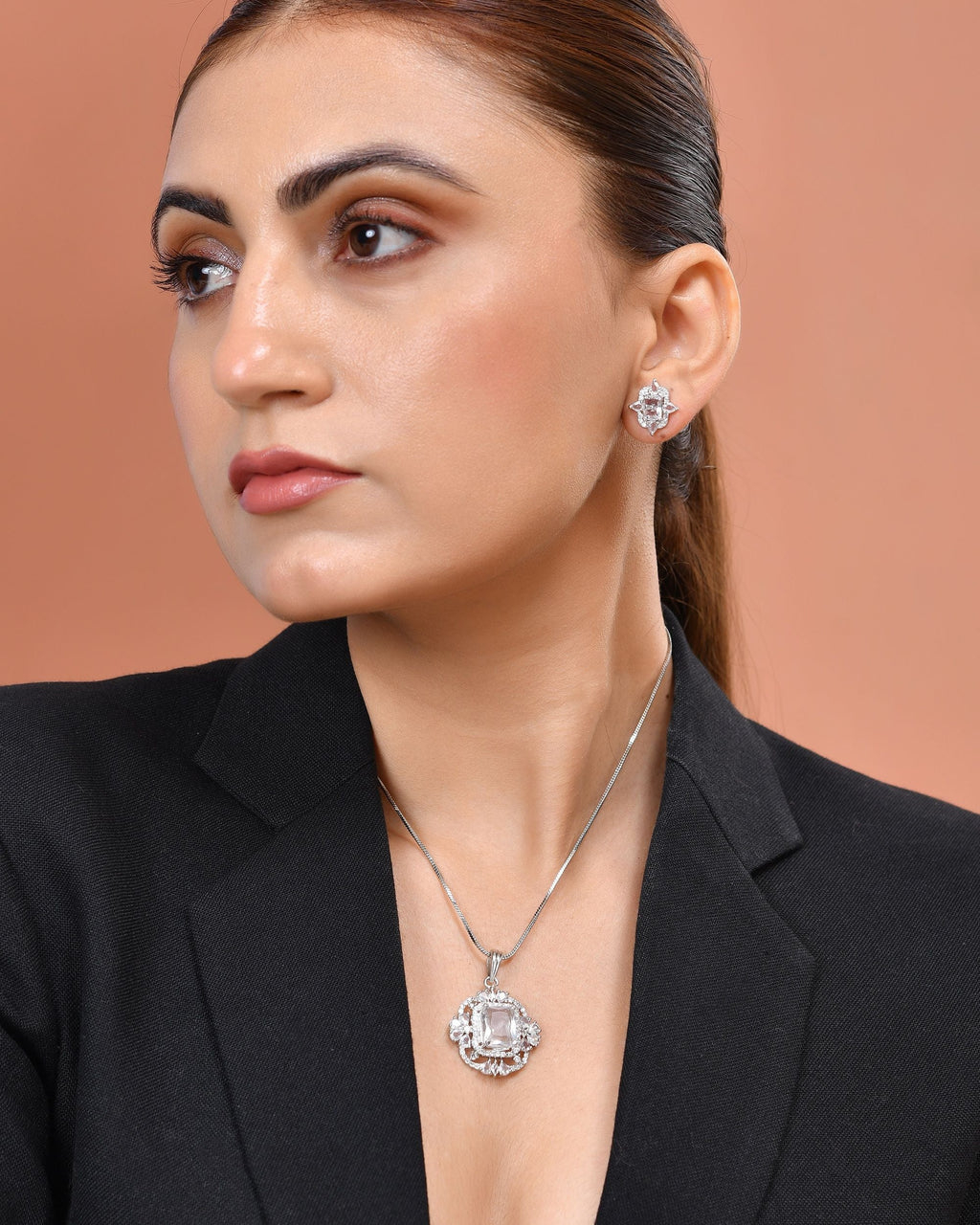 VOJ Silver Plated Rectangular Ad Stone Studded Chain Set | Grocsy