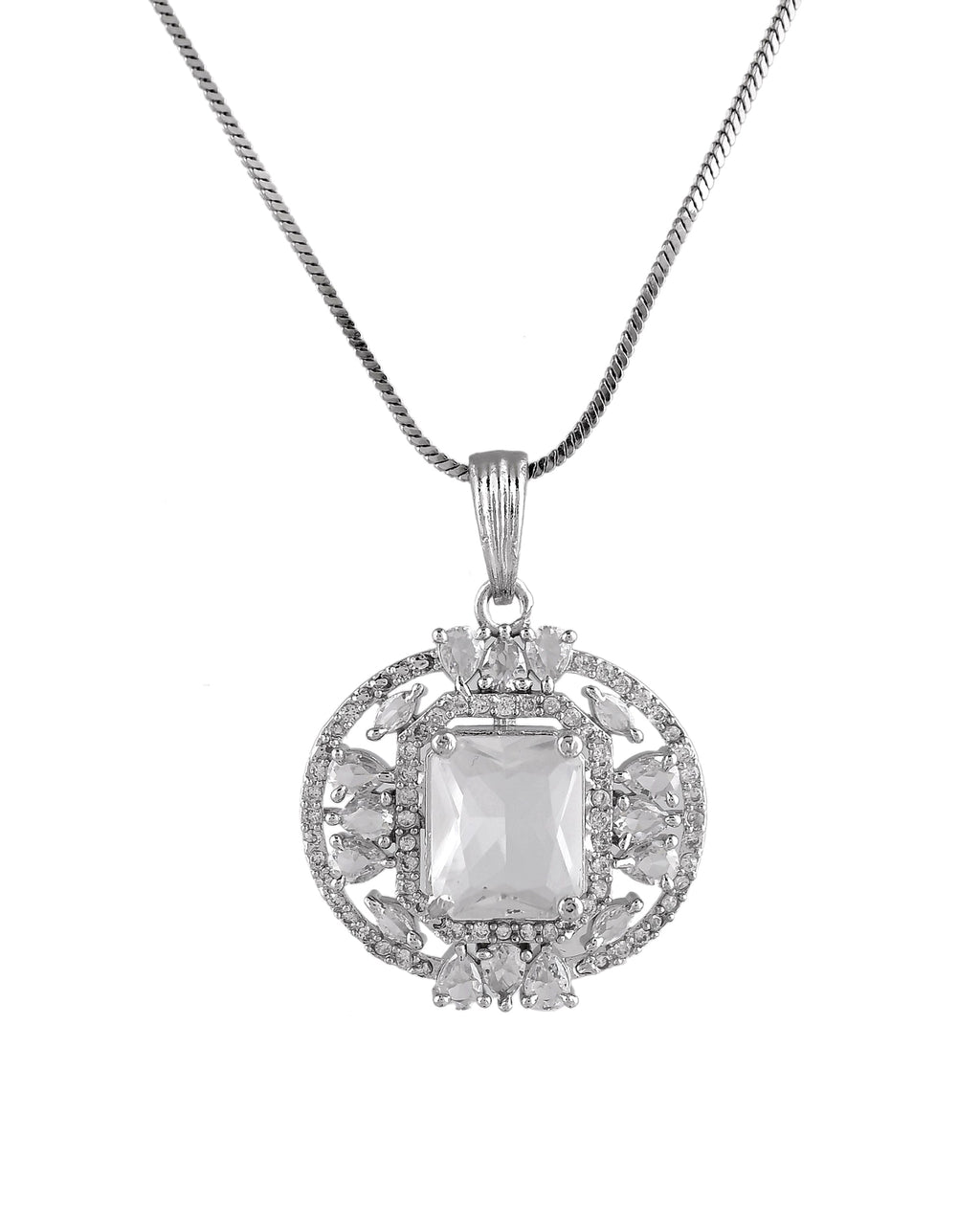 VOJ Silver Plated Rectangular Ad Stone Studded Chain Set | Grocsy
