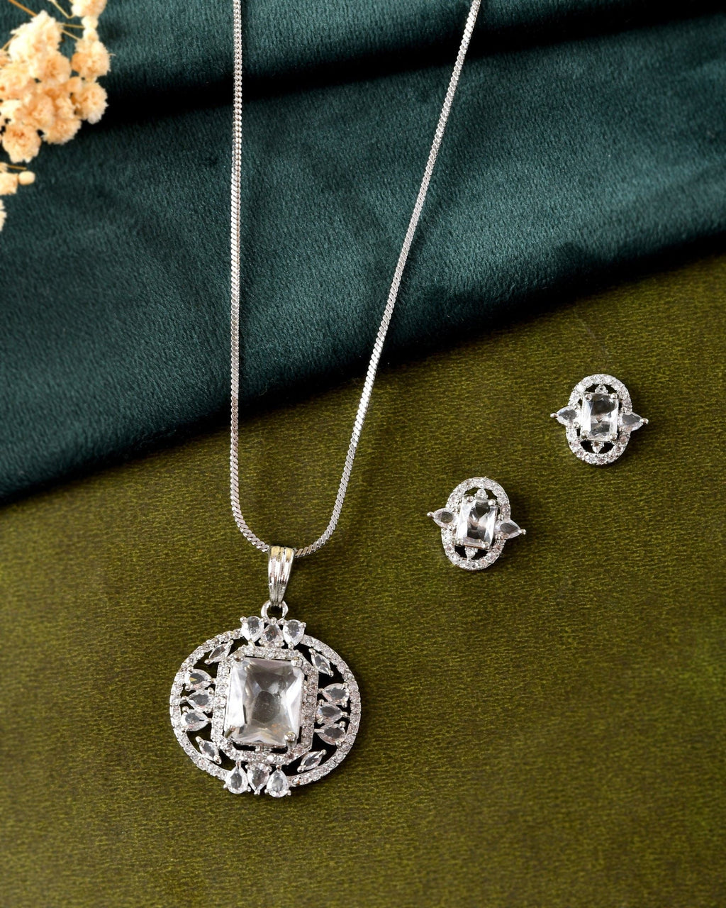 VOJ Silver Plated Rectangular Ad Stone Studded Chain Set | Grocsy