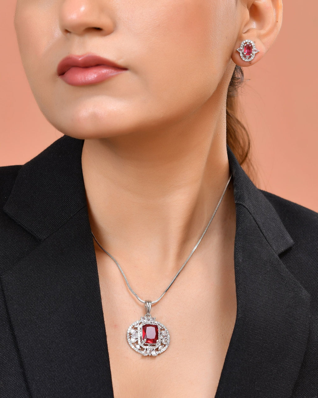 VOJ Silver Plated Ruby Red Rectangular Cz Stone Studded Chain Set | Grocsy