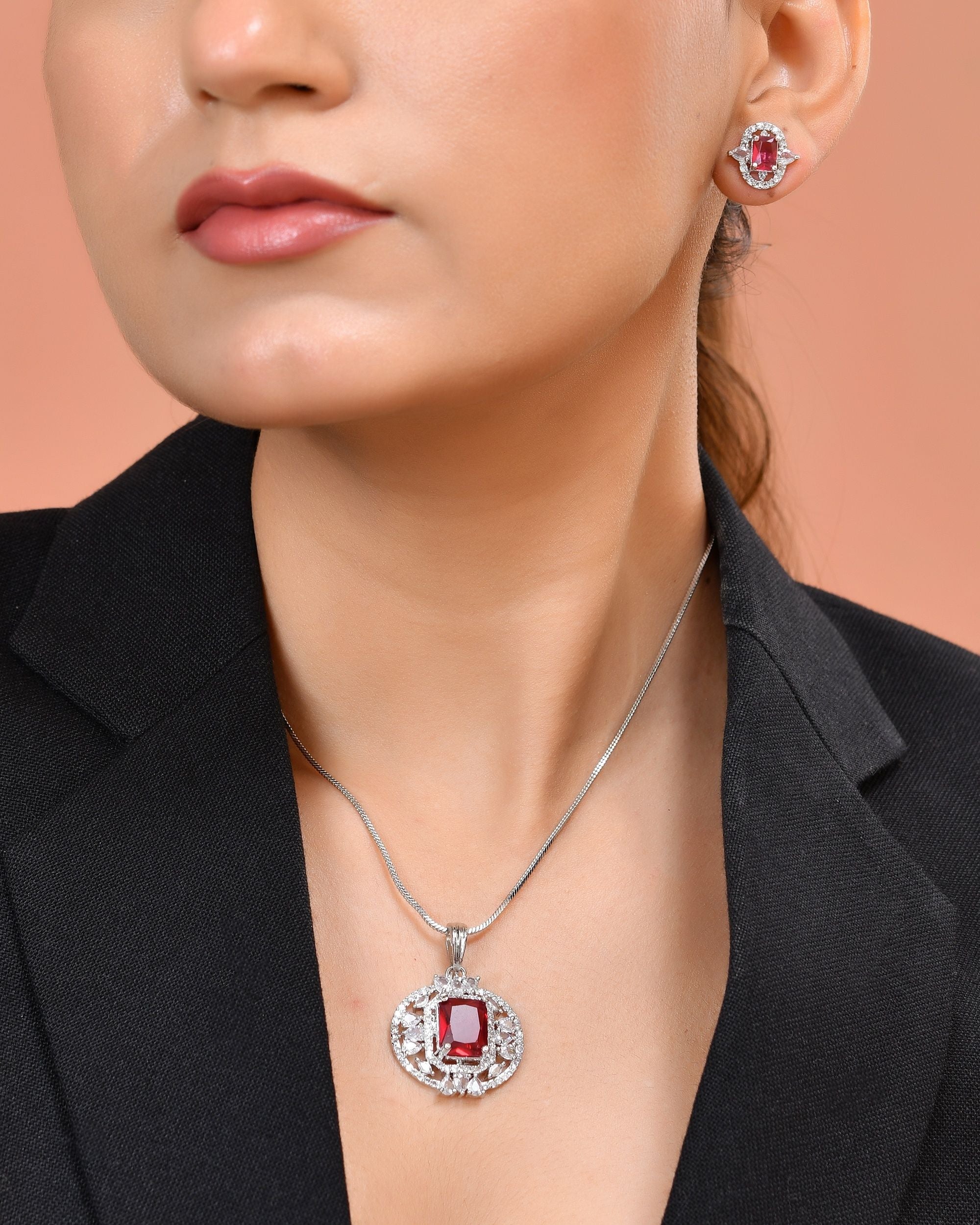 VOJ Silver Plated Ruby Red Rectangular Cz Stone Studded Chain Set | Grocsy