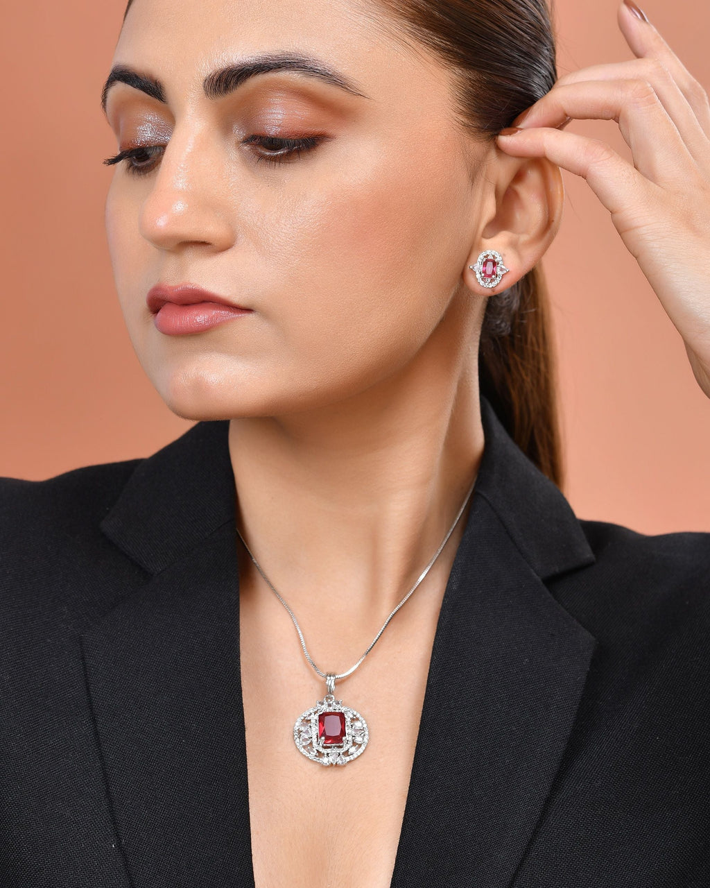 VOJ Silver Plated Ruby Red Rectangular Cz Stone Studded Chain Set | Grocsy