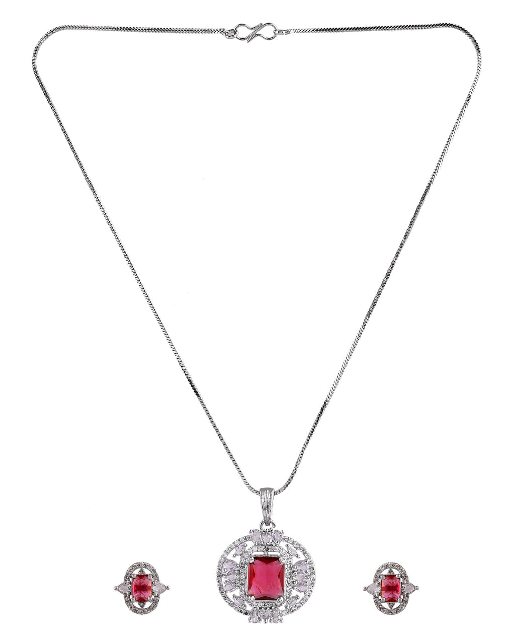 VOJ Silver Plated Ruby Red Rectangular Cz Stone Studded Chain Set | Grocsy