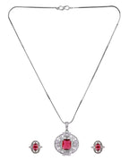 VOJ Silver Plated Ruby Red Rectangular Cz Stone Studded Chain Set | Grocsy